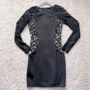 Black, mini dress with lace sleeves - size small